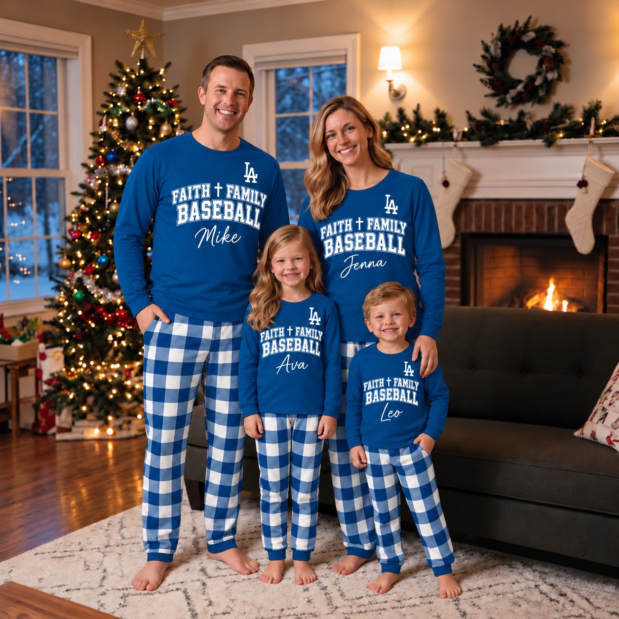 Los Angeles Dodgers family Christmas pajamas, faith family baseball design