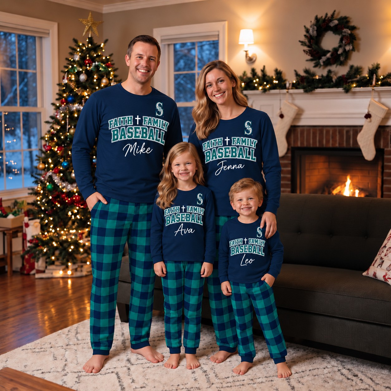 Seattle Mariners family Christmas pajamas, faith family baseball design
