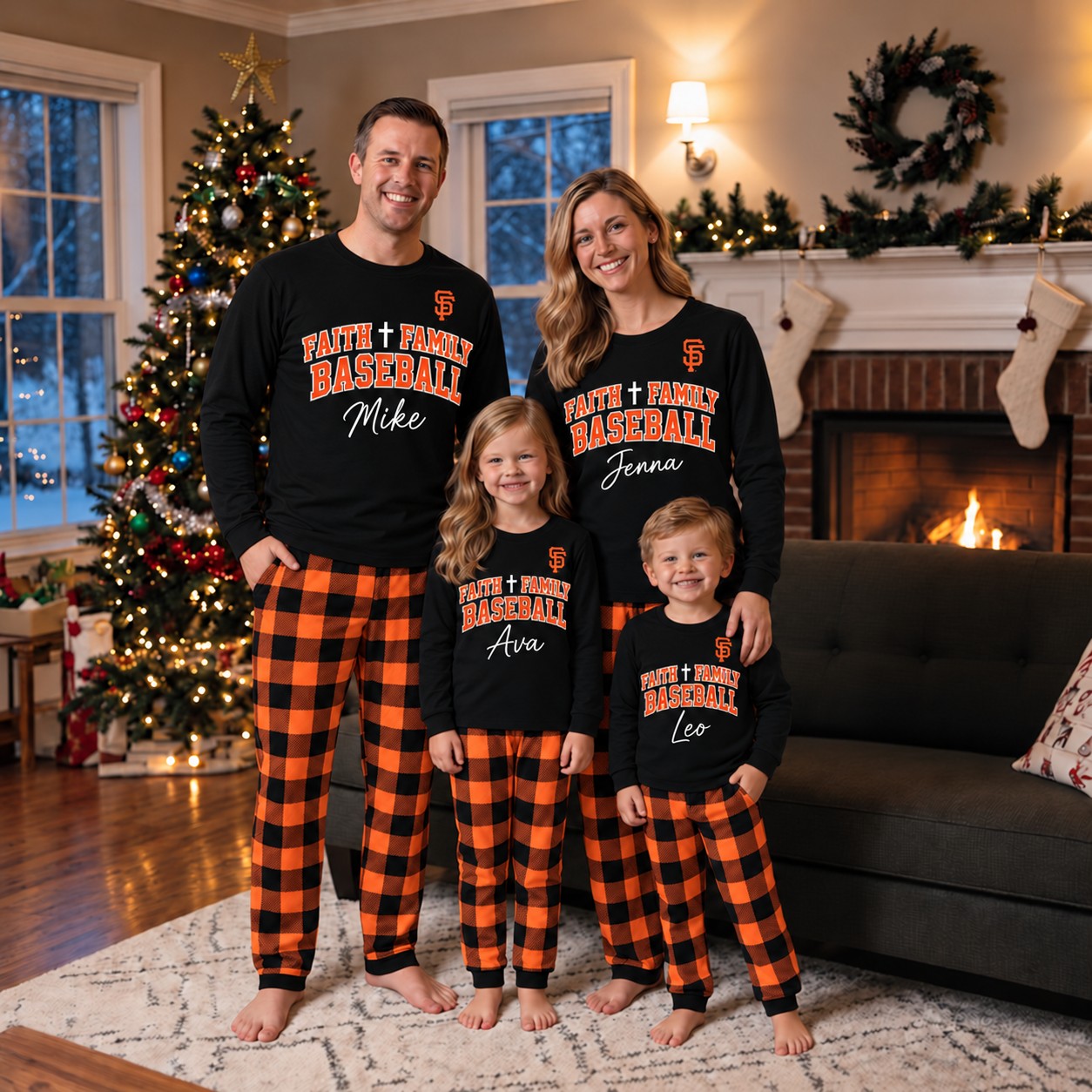 San Francisco Giants family Christmas pajamas, faith family baseball design