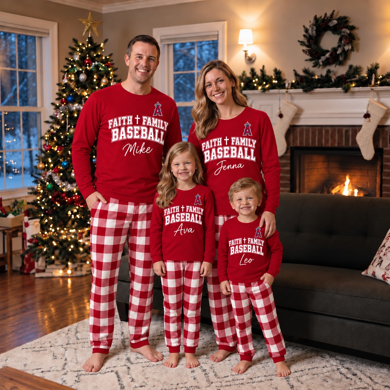Los Angeles Angels family Christmas pajamas, faith family baseball design