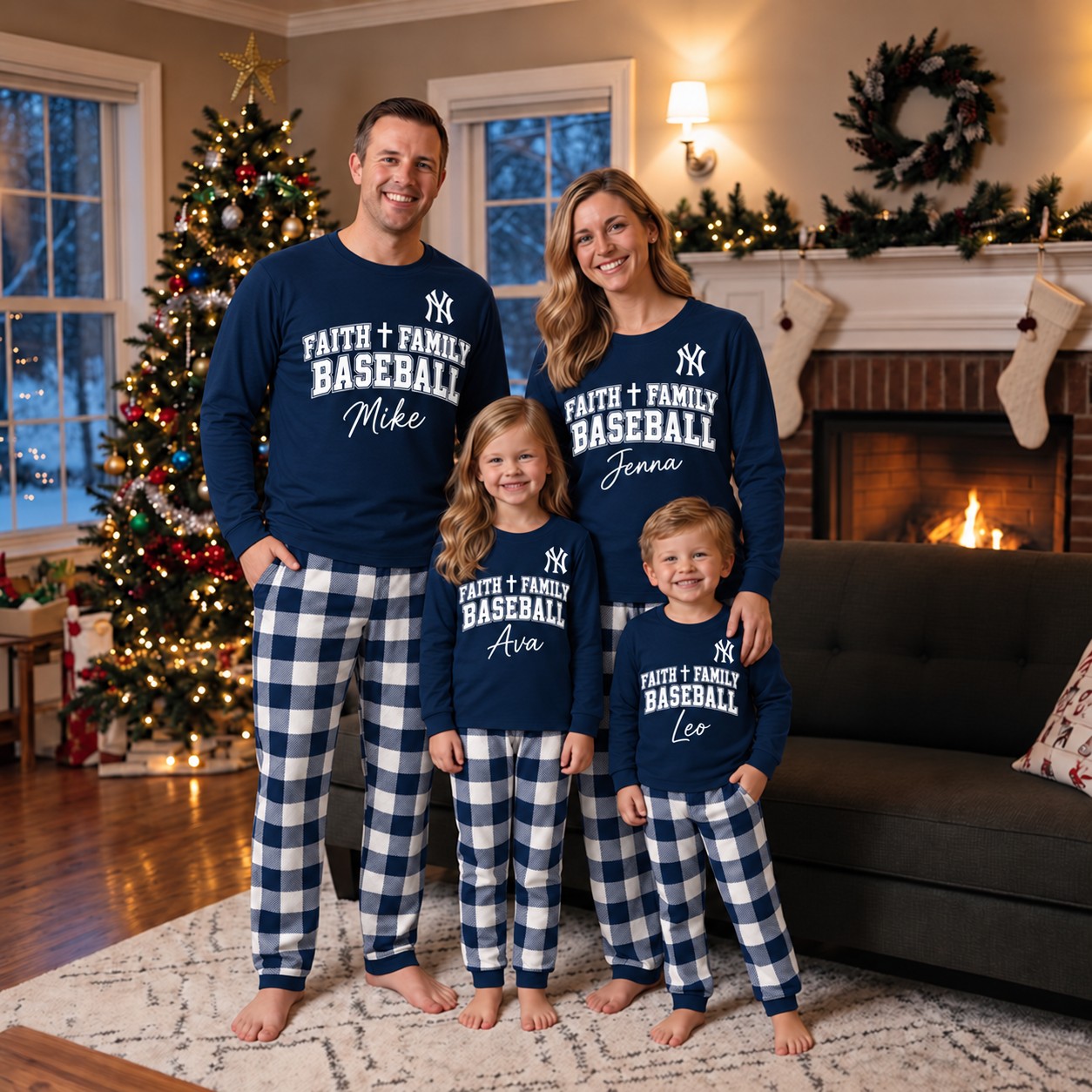 New York Yankees family Christmas pajamas, faith family baseball design