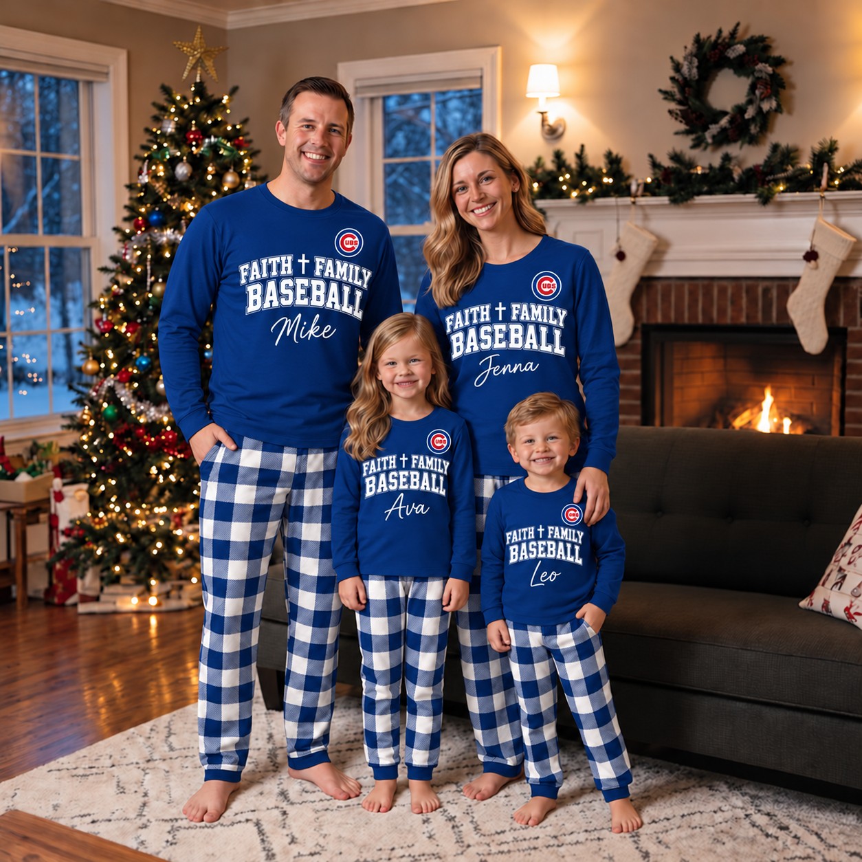 Chicago Cubs family Christmas pajamas, faith family baseball design