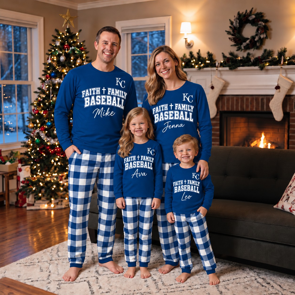 Kansas City Royals family Christmas pajamas, faith family baseball design
