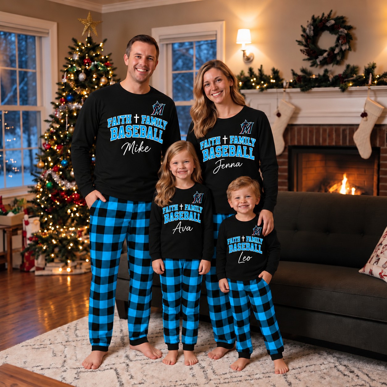 Miami Marlins family Christmas pajamas, faith family baseball design