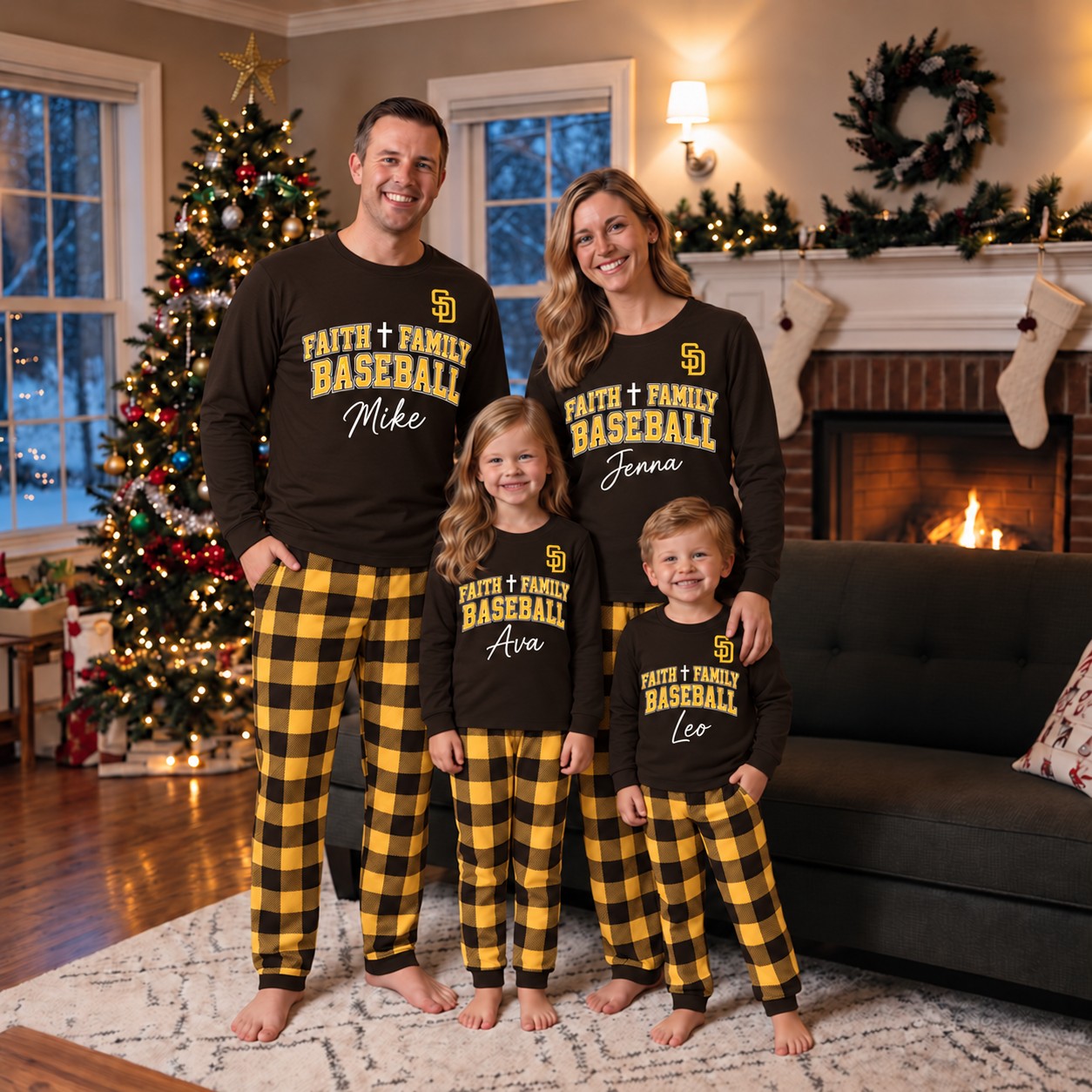 San Diego Padres family Christmas pajamas, faith family baseball design