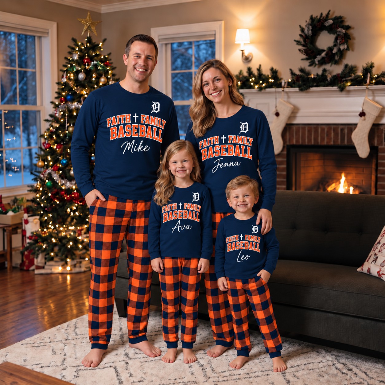 Detroit Tigers family Christmas pajamas, faith family baseball design