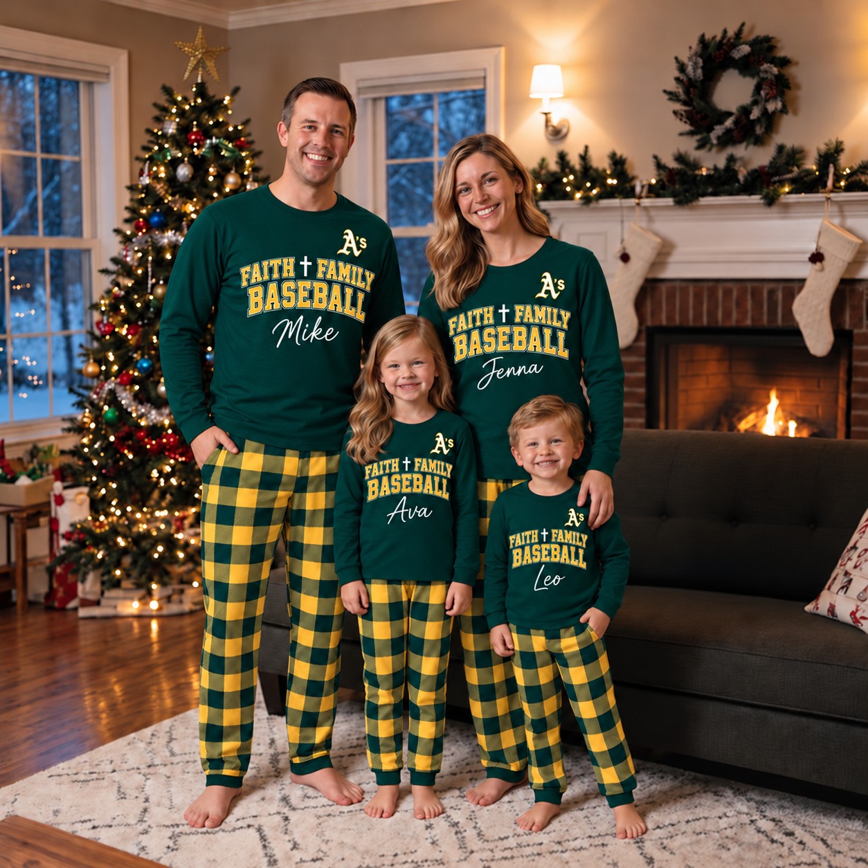 Athletics family Christmas pajamas, faith family baseball design