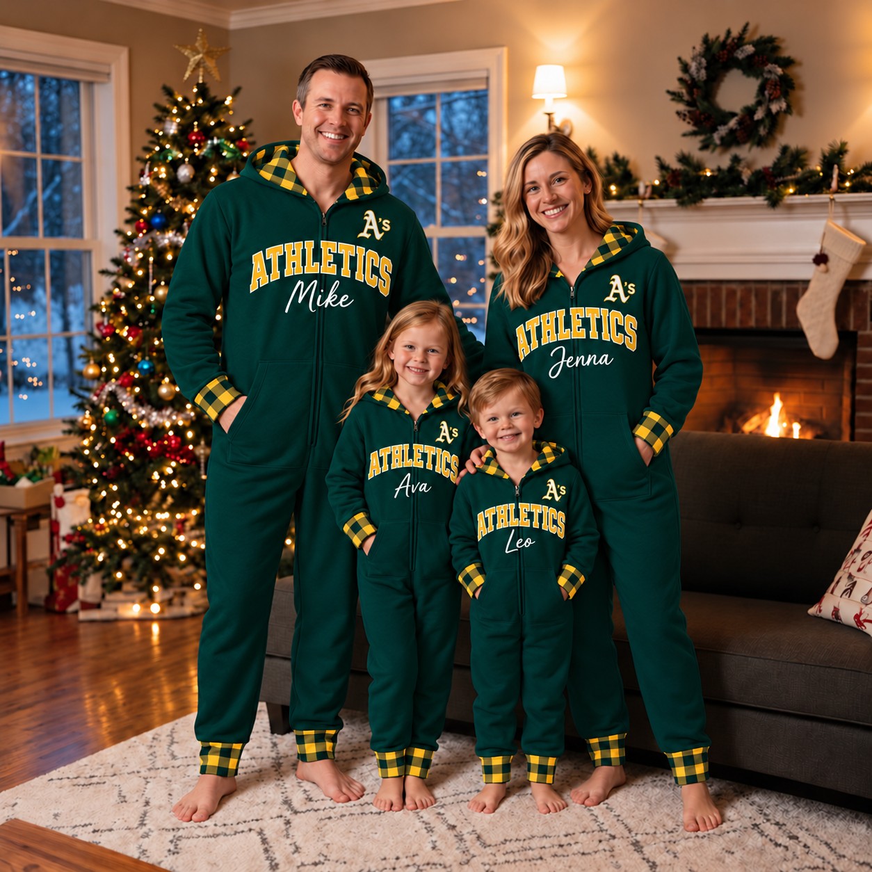 Athletics family Christmas onesies, plaid design