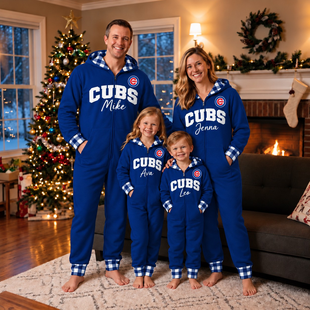 Chicago Cubs family Christmas onesies, plaid design