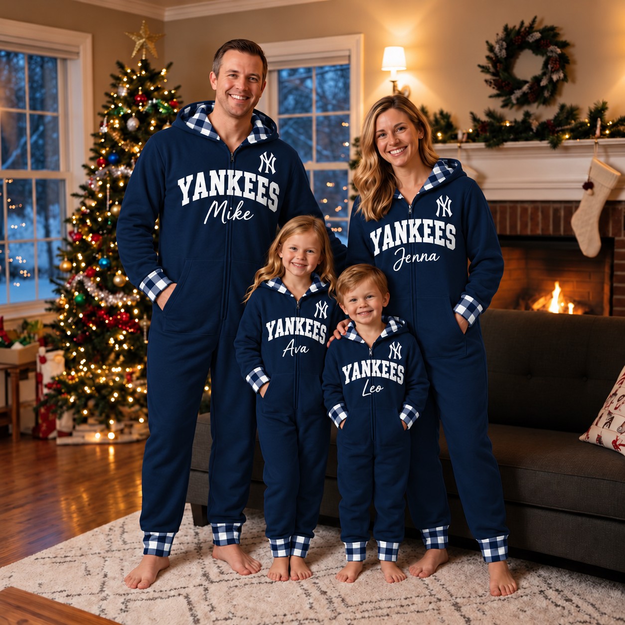 New York Yankees family Christmas onesies, plaid design