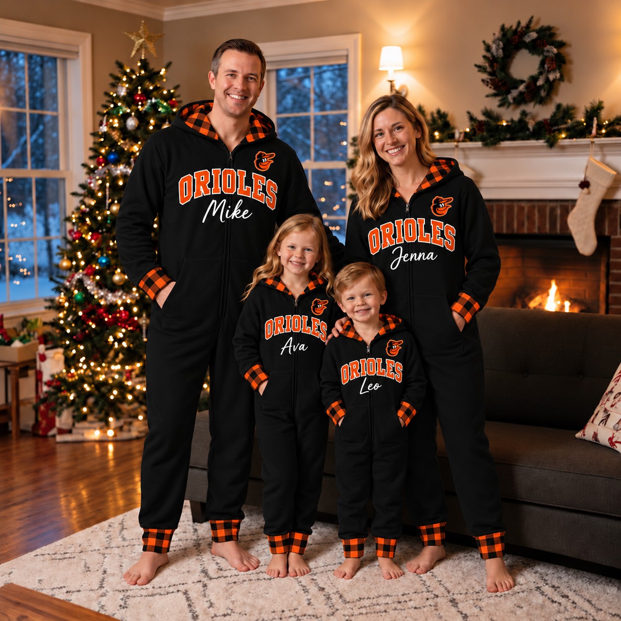 Baltimore Orioles family Christmas onesies, plaid design