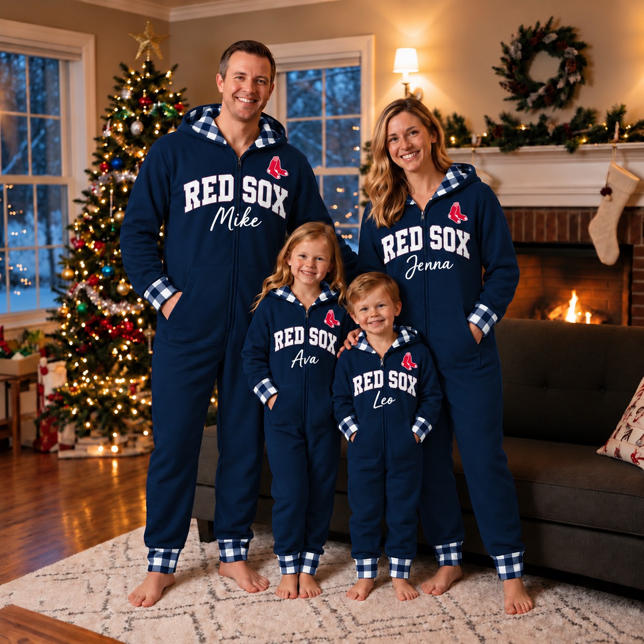 Boston Red Sox family Christmas onesies, plaid design