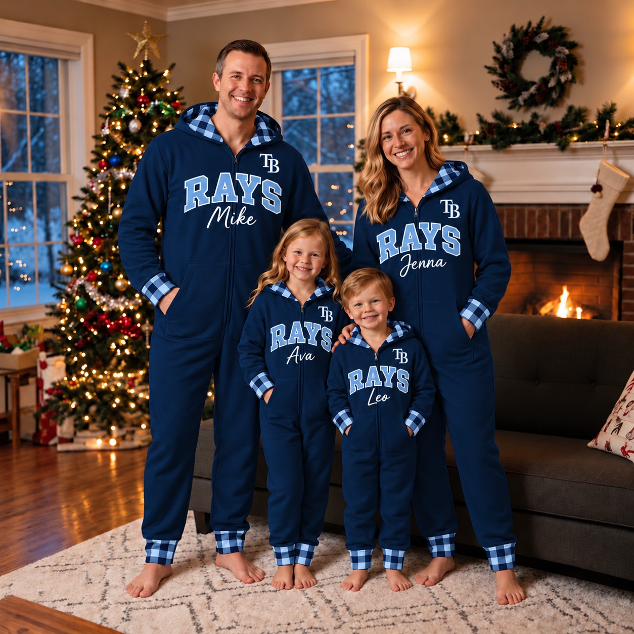 Tampa Bay Rays family Christmas onesies, plaid design