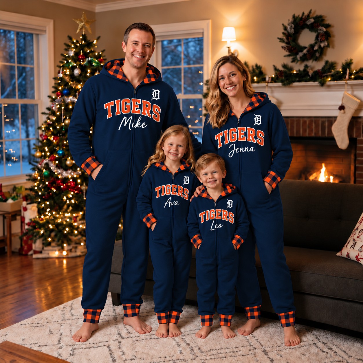 Detroit Tigers family Christmas onesies, plaid design