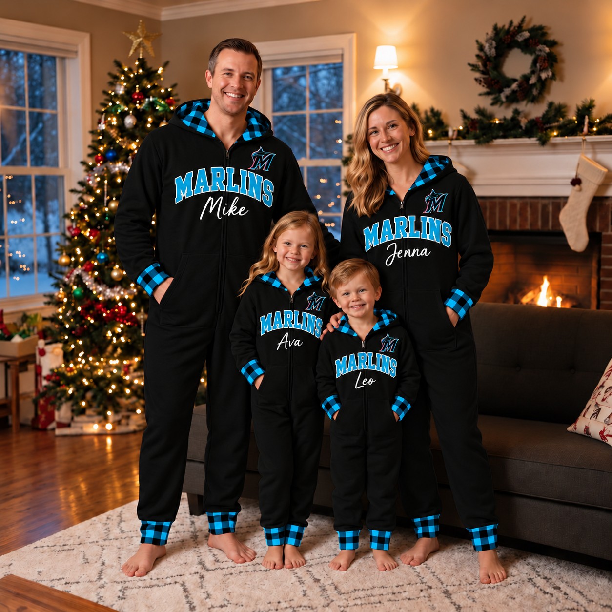 Miami Marlins family Christmas onesies, plaid design