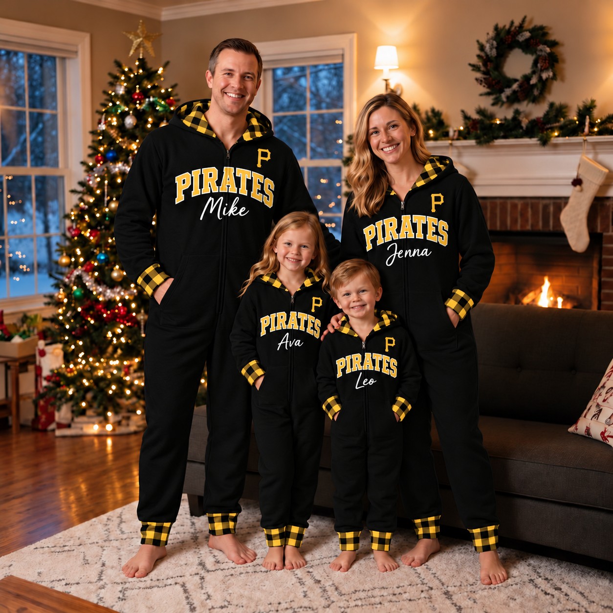 Pittsburgh Pirates family Christmas onesies, plaid design