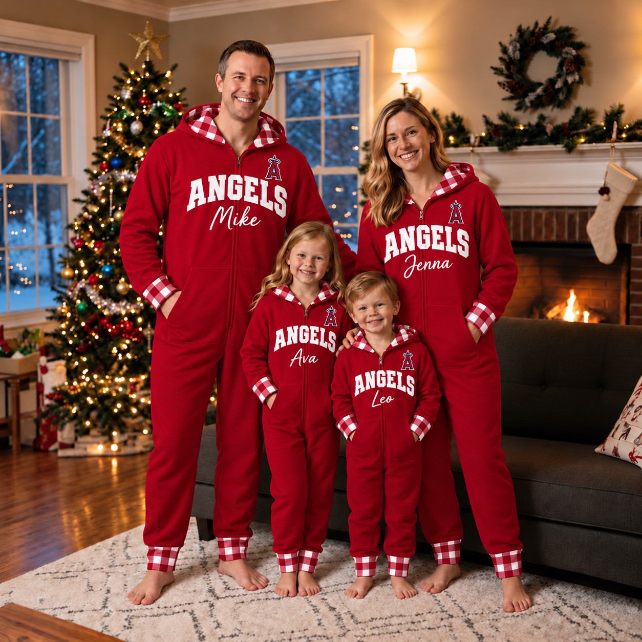 Los Angeles Angels family Christmas onesies, plaid design