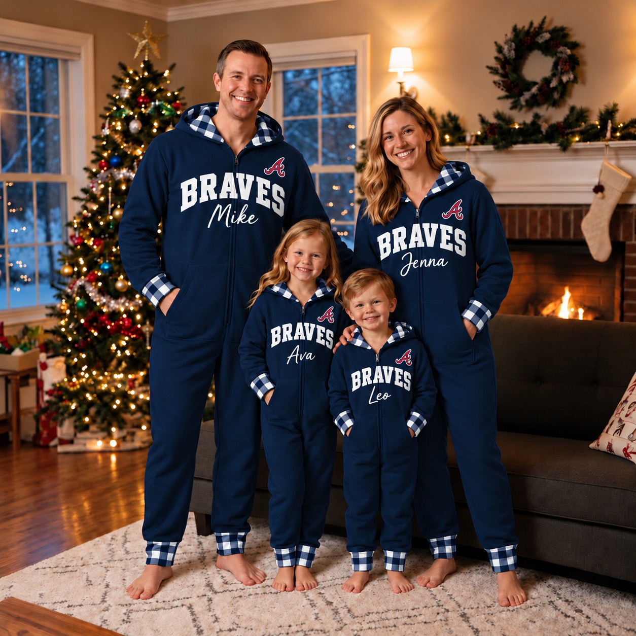 Atlanta Braves family Christmas onesies, plaid design