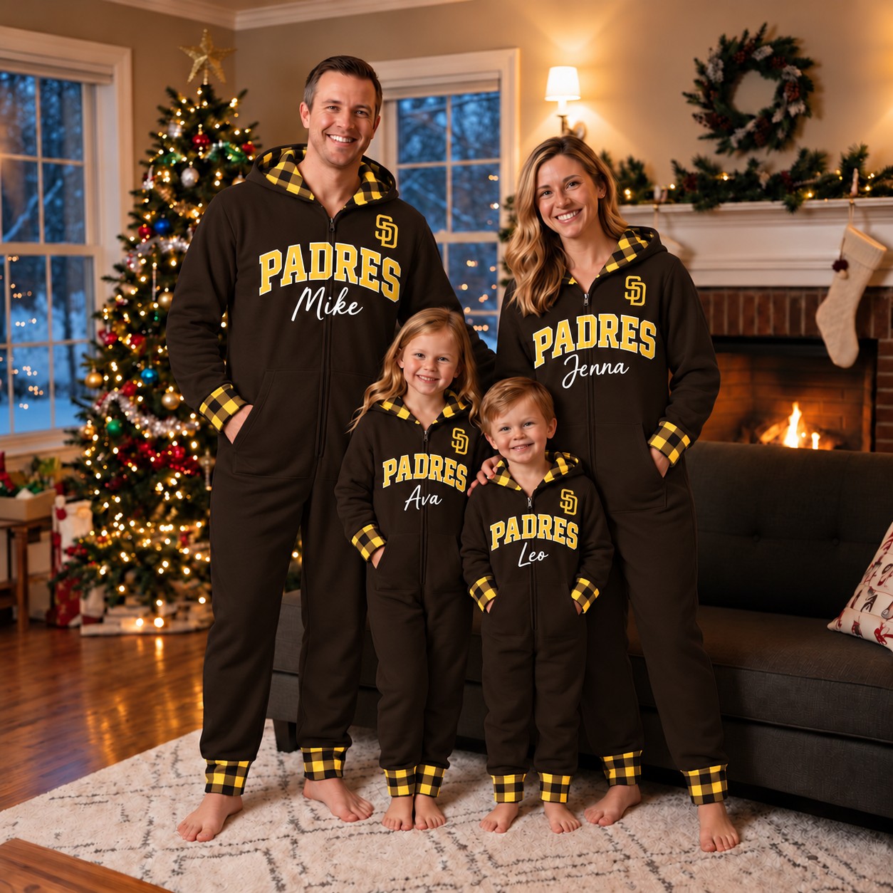 San Diego Padres family Christmas onesies, plaid design