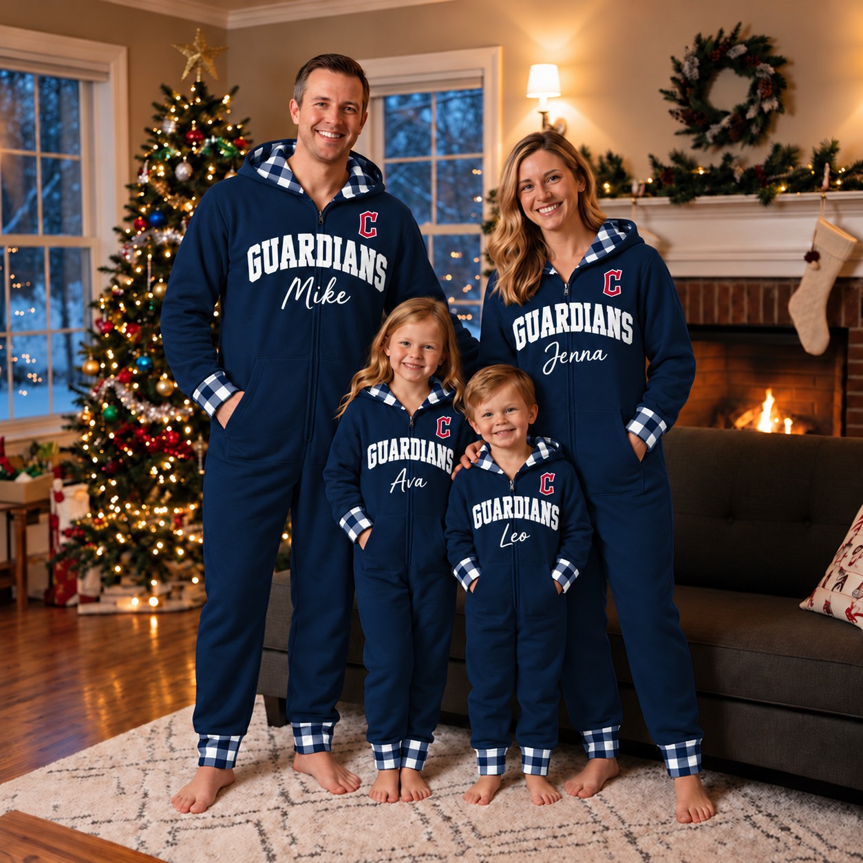 Cleveland Guardians family Christmas onesies, plaid design