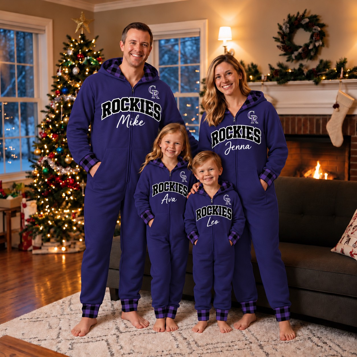 Colorado Rockies family Christmas onesies, plaid design