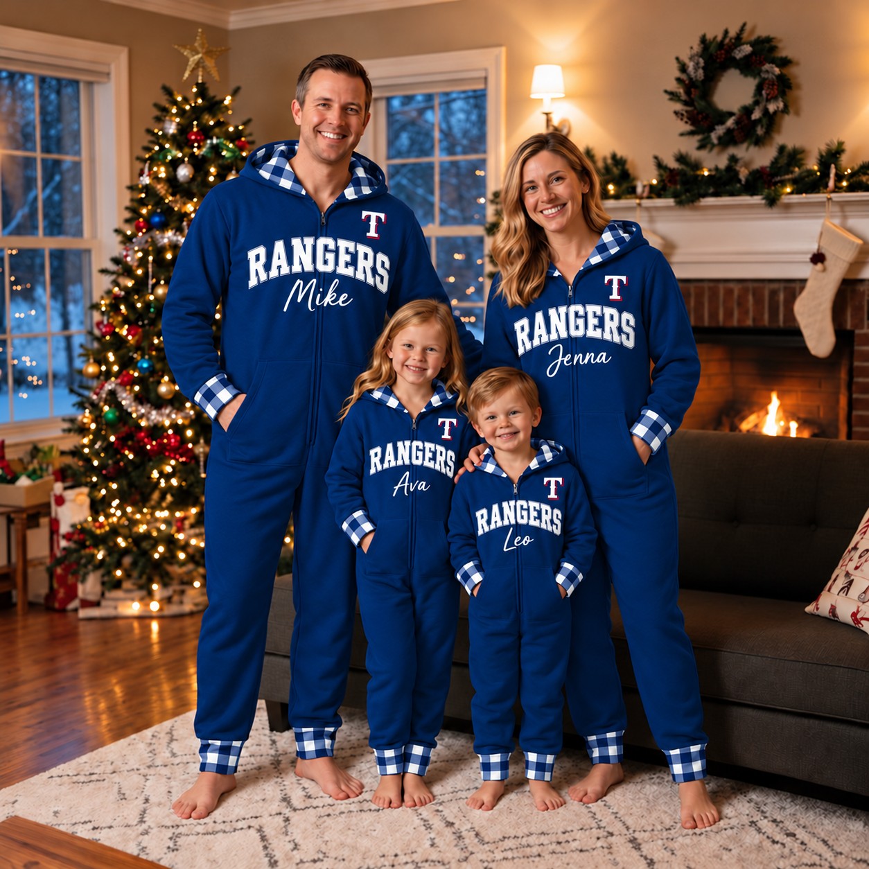 Texas Rangers family Christmas onesies, plaid design