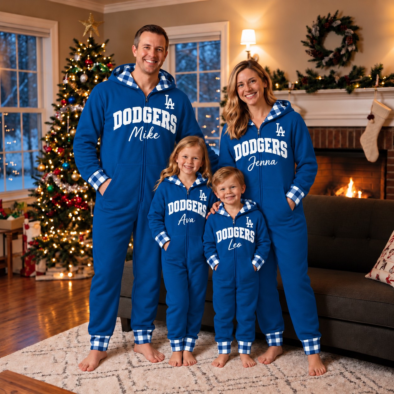 Los Angeles Dodgers family Christmas onesies, plaid design