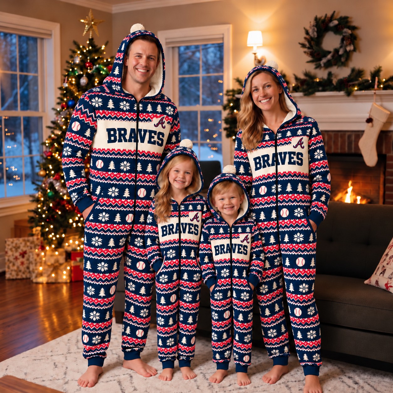 Atlanta Braves family Christmas onesies, fair isle design