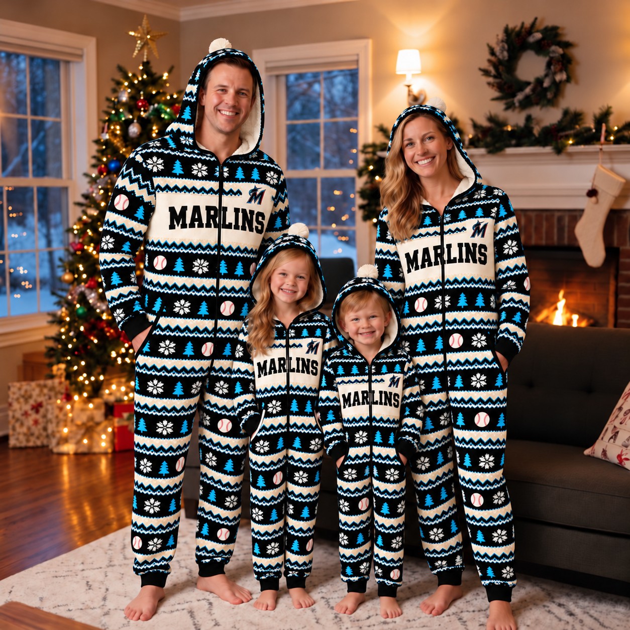 Miami Marlins family Christmas onesies, fair isle design
