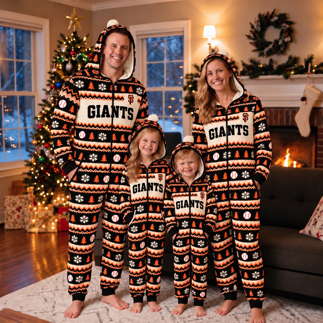 San Francisco Giants family Christmas onesies, fair isle design