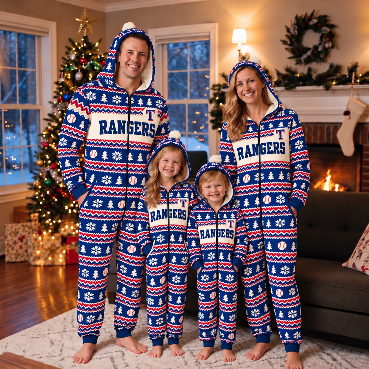 Texas Rangers family Christmas onesies, fair isle design