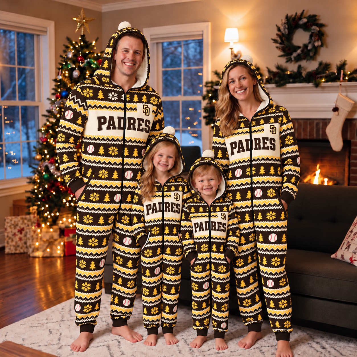 San Diego Padres family Christmas onesies, fair isle design