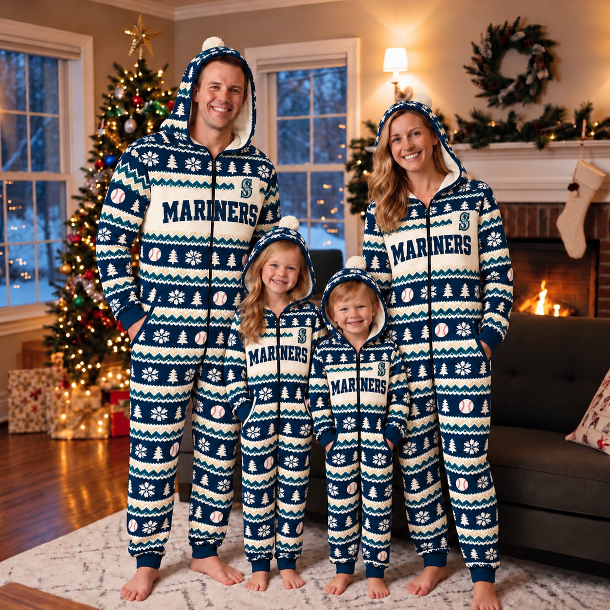 Seattle Mariners family Christmas onesies, fair isle design