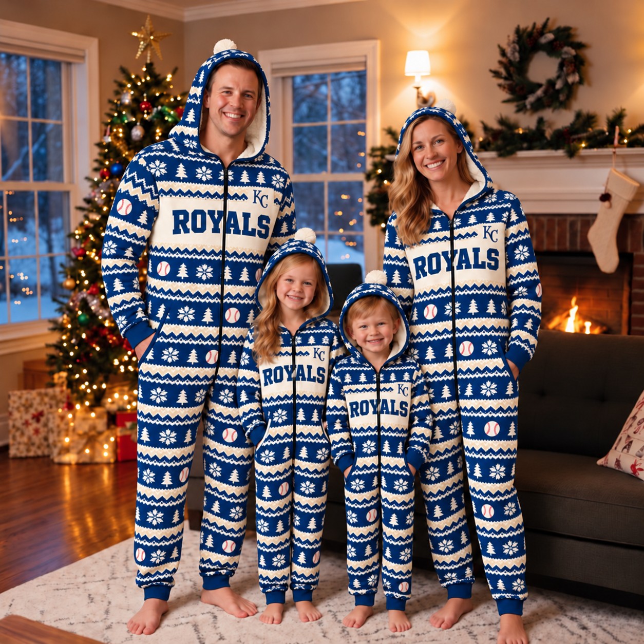 Kansas City Royals family Christmas onesies, fair isle design