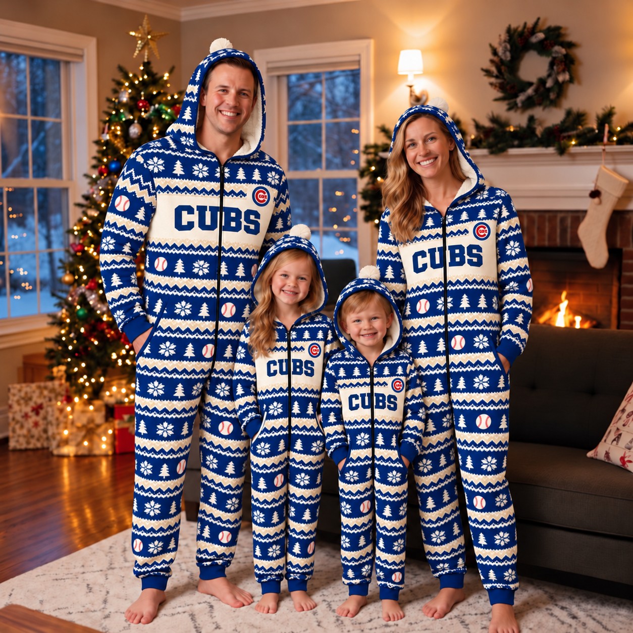 Chicago Cubs family Christmas onesies, fair isle design
