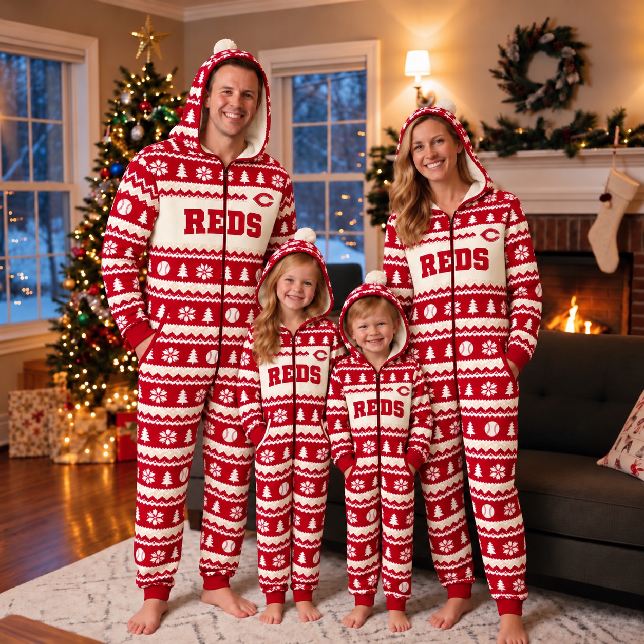 Cincinnati Reds family Christmas onesies, fair isle design