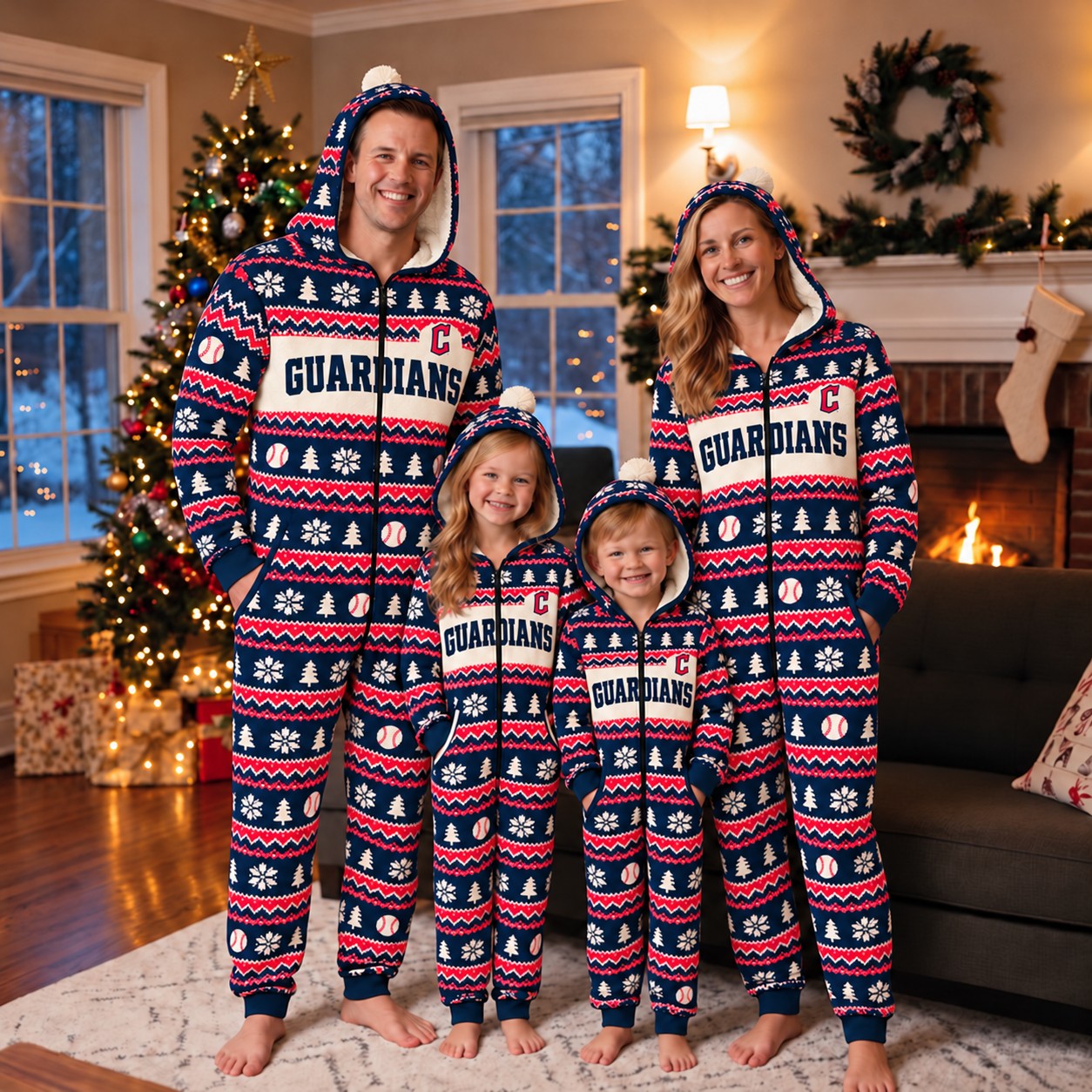 Cleveland Guardians family Christmas onesies, fair isle design