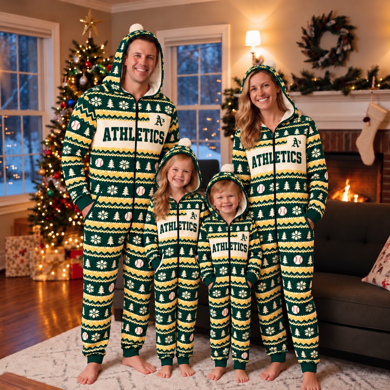 Athletics family Christmas onesies, fair isle design