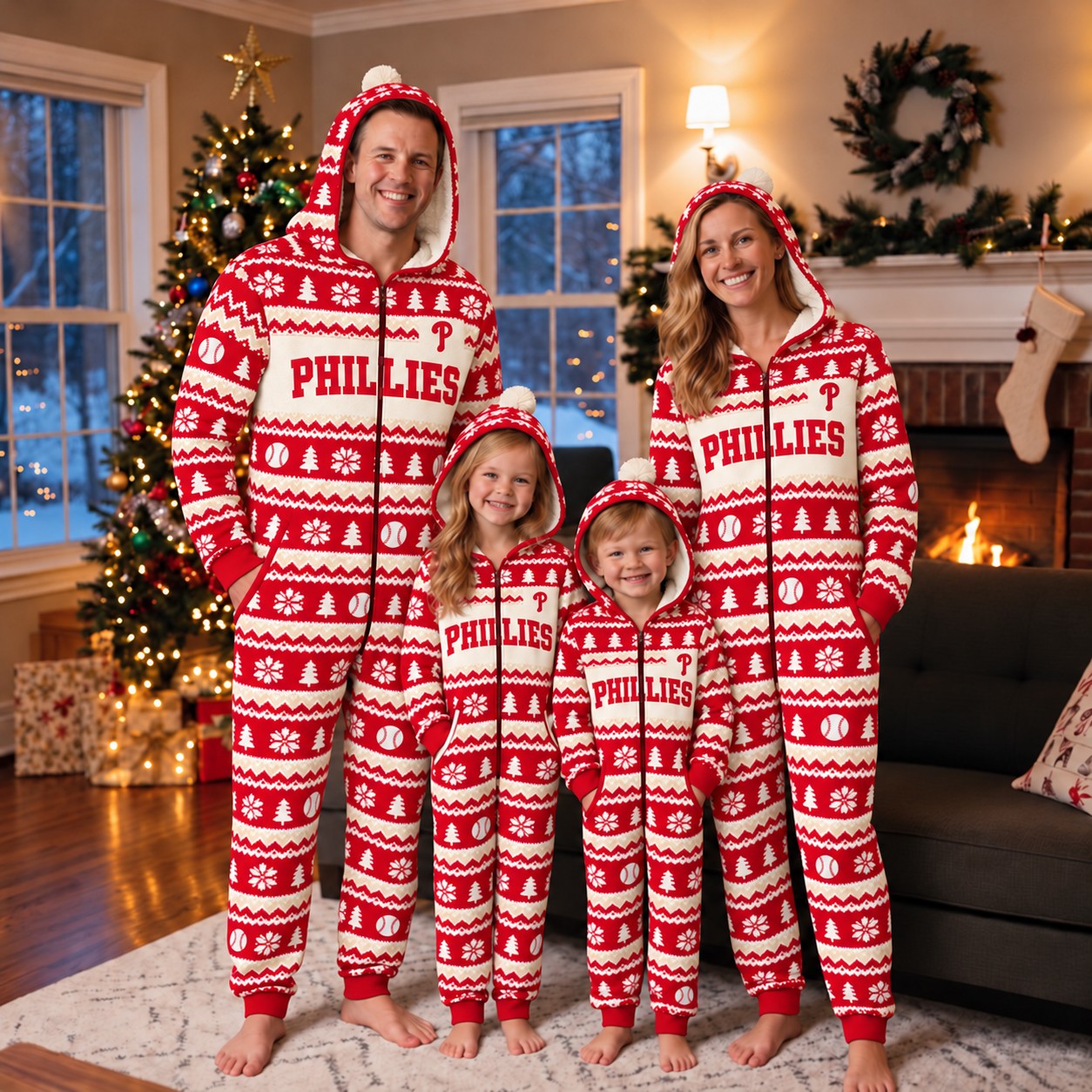 Philadelphia Phillies family Christmas onesies, fair isle design