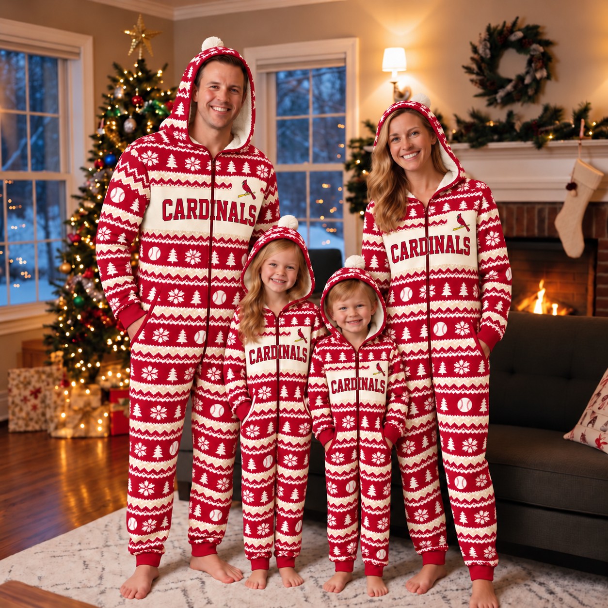 St. Louis Cardinals family Christmas onesies, fair isle design