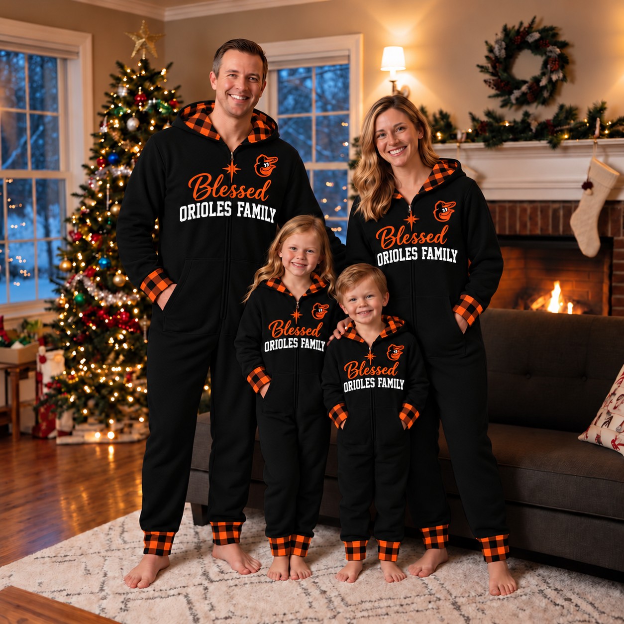 Baltimore Orioles family Christmas onesies, blessed design
