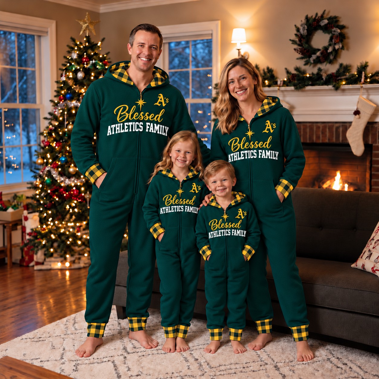 Athletics family Christmas onesies, blessed design