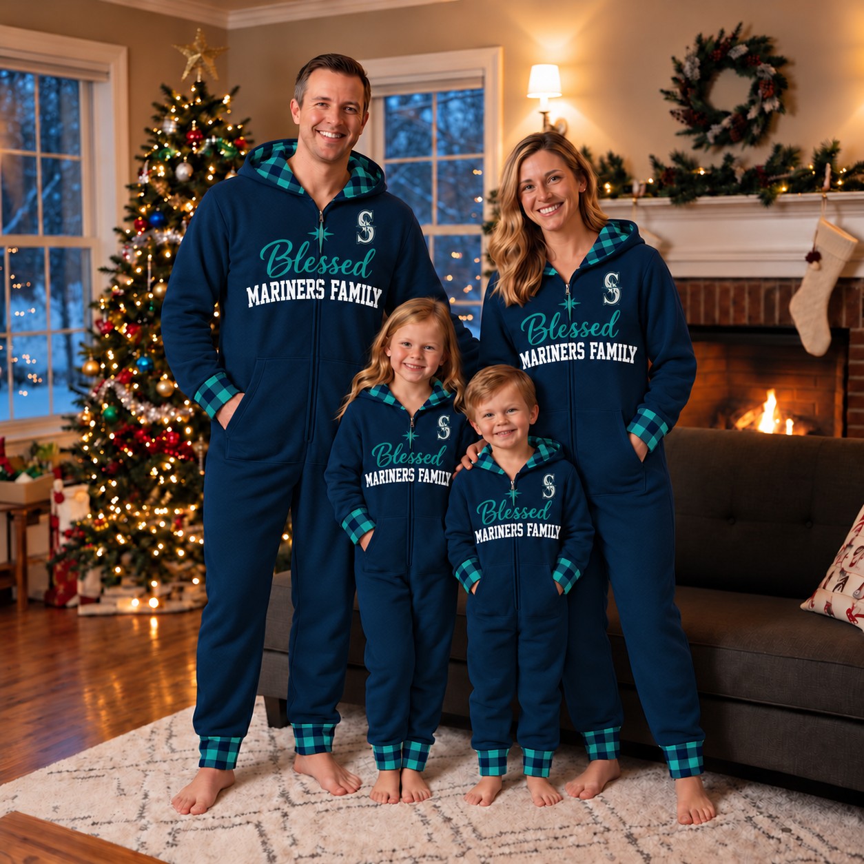 Seattle Mariners family Christmas onesies, blessed design
