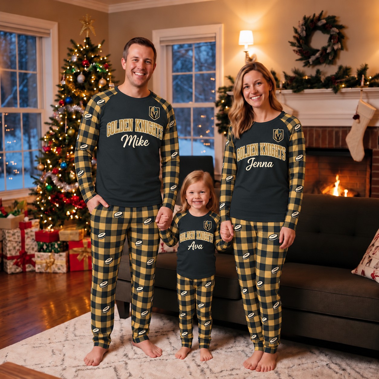 Vegas Golden Knights family Christmas pajamas, plaid design