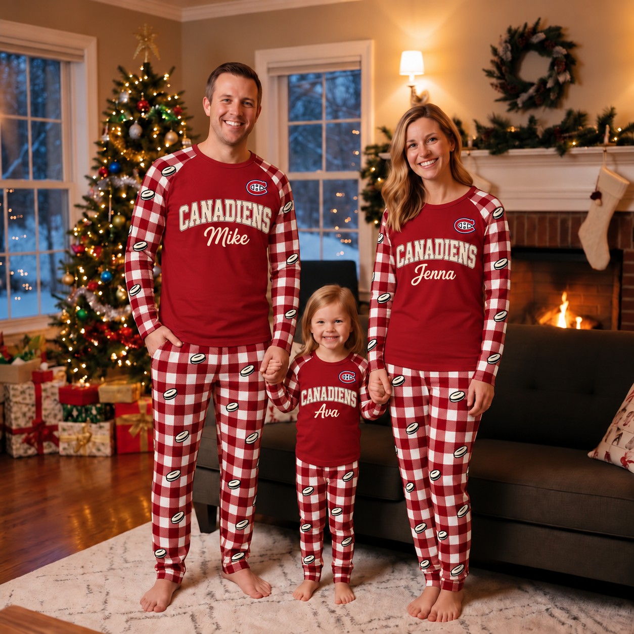 Montreal Canadiens family Christmas pajamas, plaid design