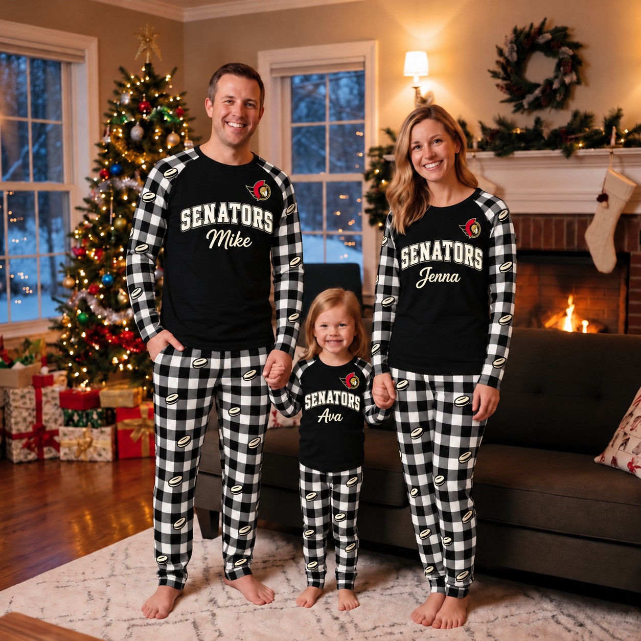 Ottawa Senators family Christmas pajamas, plaid design