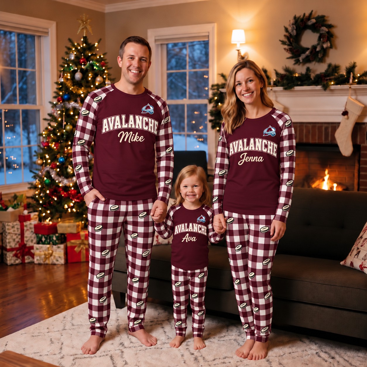 Colorado Avalanche family Christmas pajamas, plaid design