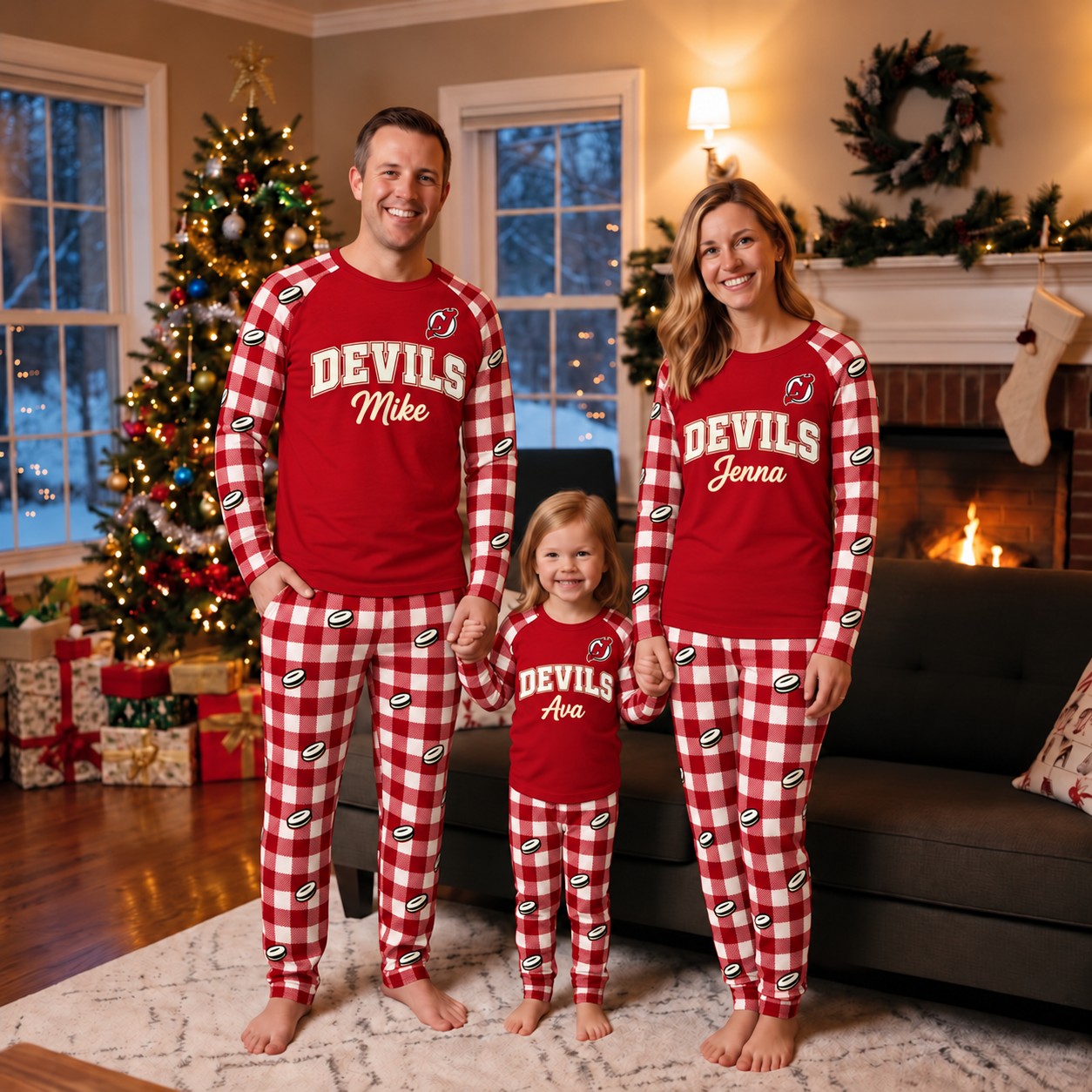 New Jersey Devils family Christmas pajamas, plaid design