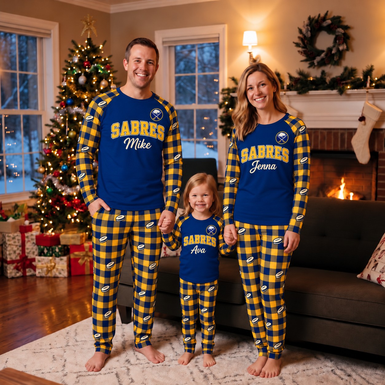Buffalo Sabres family Christmas pajamas, plaid design