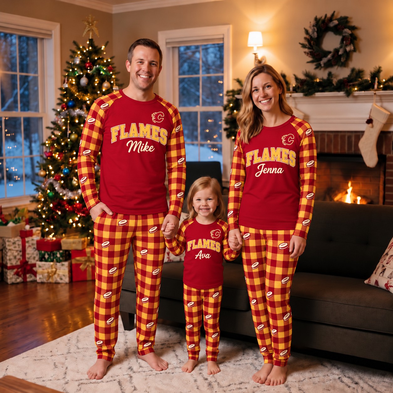 Calgary Flames family Christmas pajamas, plaid design